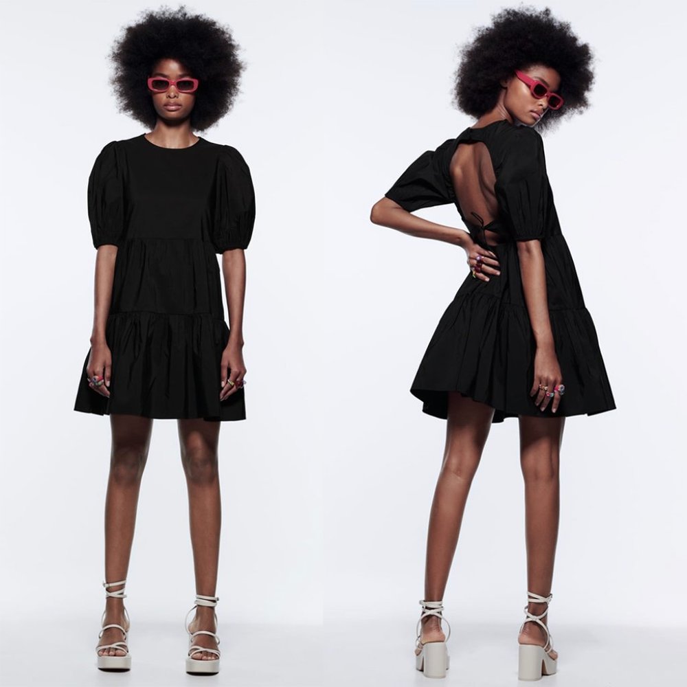 NEW ZARA tiered poplin back open black dress size XS